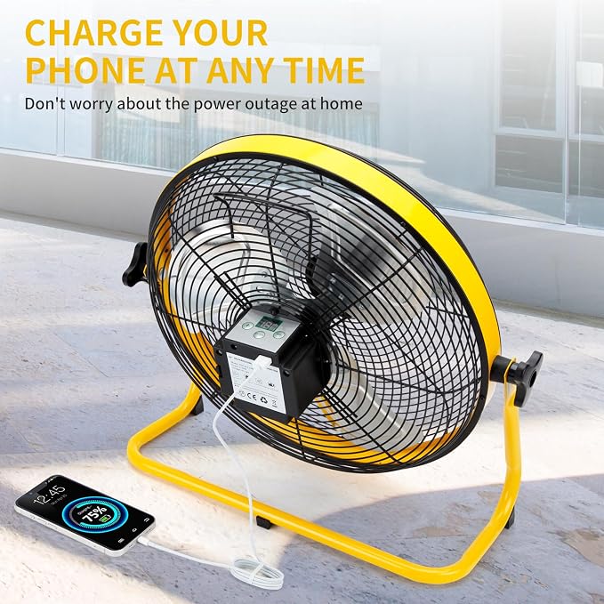 Solar Powered Rechargeable Fan 16", Whisper Quiet 15dB, 50Hr Runtime for Home Office Camping
