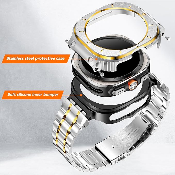 BAITEYOU Stainless Steel Bands with Case Compatible with Samsung Galaxy Watch Ultra 2/1 47mm (2025 2024), Rugged Protector Cover Metal Band for Galaxy Watch 7 8 Ultra for Men (Silver & Gold)