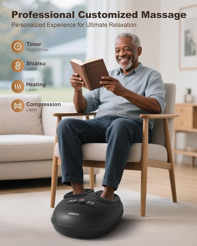 Beleduc Foot Massager with Heat and Compression, Deep Kneading Shiatsu Foot Massage for Plantar Fasciitis, Neuropathy & Circulation, 3 Intensities, Washable Covers, Fits Up to Men Size 14, Black
