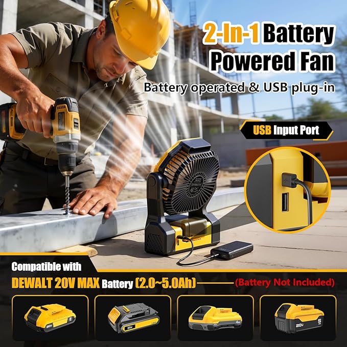 Battery Operated Fan for Dewalt 20V Max Battery, 5.7m/s High Speed Rechargeable Portable Fan with USB Powered & 4 Speed & 2 Light for Camping, Workshop, Garage, Jobsite (Not Included Battery) - Yellow