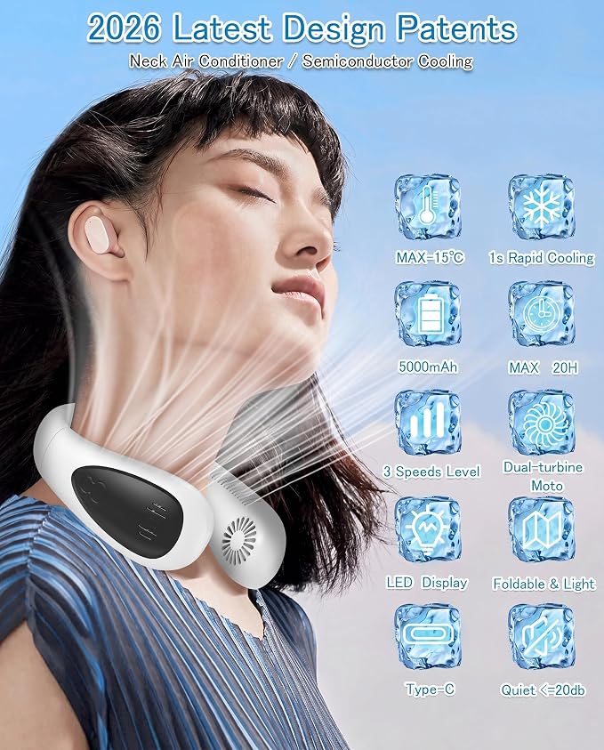 Neck Air Conditioner, Portable Neck Fan with Cooling Plate 360°Cooling Airflow, 5000mah Rechargeable USB Fan Hands Free Bladeless Wearable Foldable Mini Fan for Men Women Home Office Outdoor