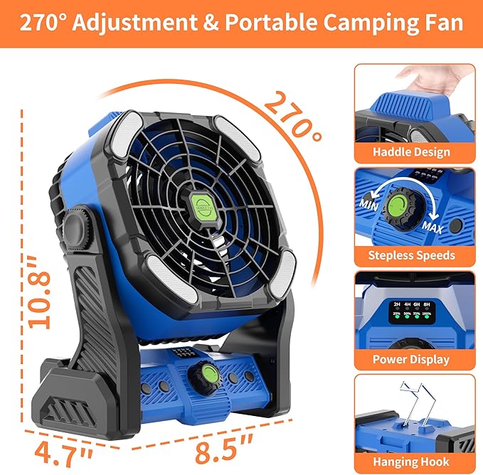 20000mAh Battery Powered Fan Rechargeable,Portable Fan for Travel Camping Fan with LED Lantern,270°Rotation Battery Operated Fan,USB Personal Fans Camping Essentials Battery Fan Cordless Fan X26 Blue