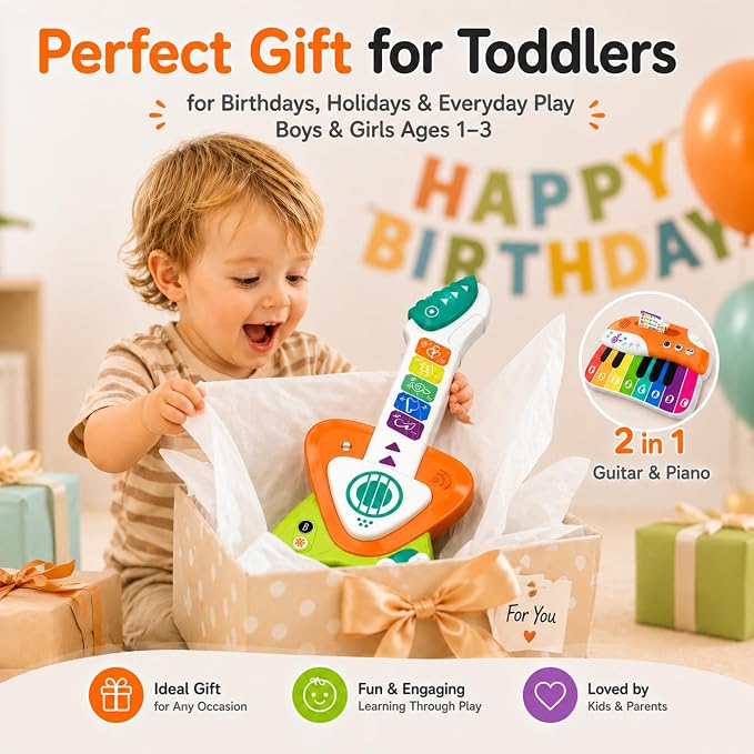 Toddler Guitar Toy 1-3, Baby Guitar with Touch Sensor Strings, 2 in 1 Guitar Piano Musical Toy for 1 2 3 Year Old Boys Girls, Educational Music Toy, Birthday Gift