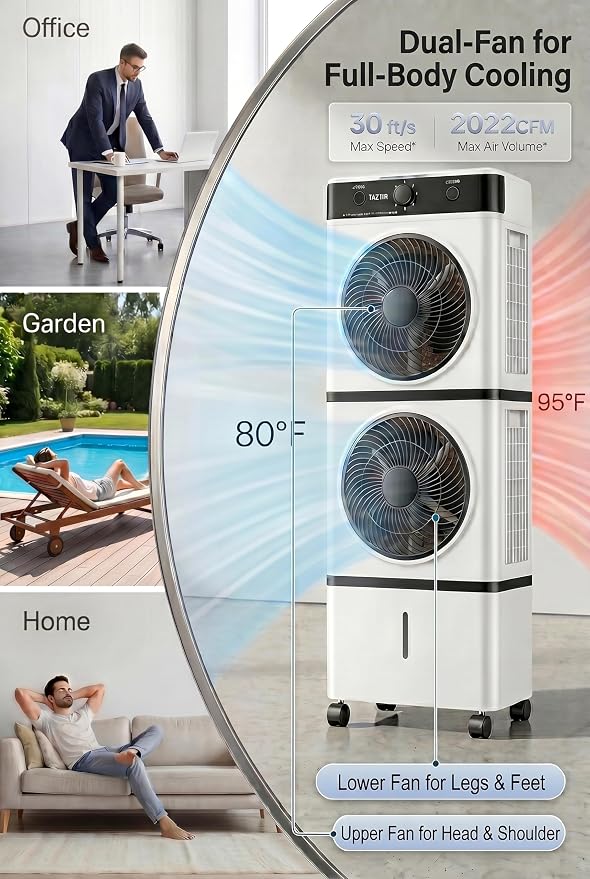 Dual Fans 3-IN-1 Evaporative Swamp Cooler, Portable Tower Fans that Blow Cold Air, 2L Water 2 Modes, 3 Speeds,12H Timer, 4 Ice Packs & 4 Wheels, 45°Oscillation, 35ft/s Velocity Quiet for Room Office