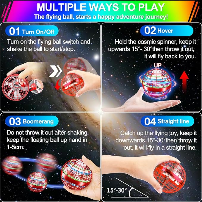Vantexi Flying Orb Ball Toy,2026 Upgrade Parachute LED,Magic Hand Controlled Mini Gravity Ball,Cosmic Globe Boomerang,Cool Thanksgiving Birthday Gift for 6 7 8 9 10+ Year Old Girls-Bright Red