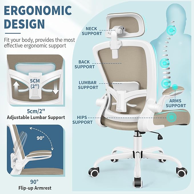 FelixKing Office Chair, Desk Chair with Adjustable Lumbar Support, Ergonomic Computer Chair with High Back and Armrest, Adjustable Height Gaming Chair Home Office Swivel Chair(Khaki)