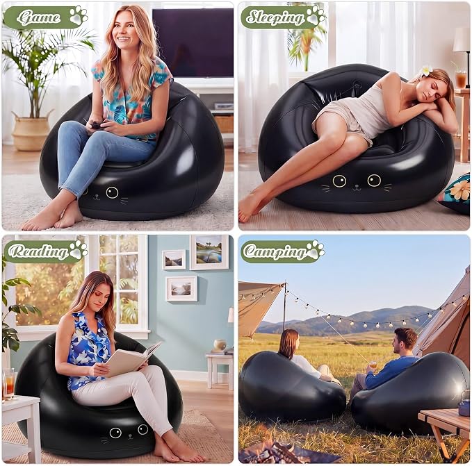 Capoda 1 Pcs Inflatable Bean Bag Chair with Air Pump - Black Cat Blow up Beach Chair Folding Portable PVC Lazy Sofa Inflatable Seating for Adults Gaming Camping Movie Party Supplies
