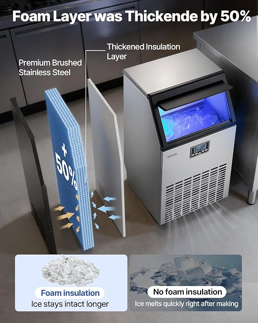 VEVOR Commercial Ice Maker Machine, 100 lbs/24h with 26 lbs Storage Capacity, Crescent Ice,Built-in/Freestanding/Under Counter, Stainless Steel Ice Maker with LED Display for Home Bar Restaurant