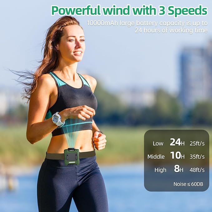 AMKEN Waist Fan, 10000mAh Rechargeable Belt Clip Fan, 24H Runtime, 49ft/s Strong Airflow, 3-Speed 7-in-1 Hands-Free Wearable with LED SOS Warning Light for Jobsite, Warehouse, Camping, Outdoor Work
