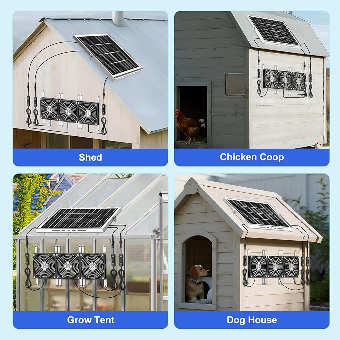 5.5" Solar Chicken Coop Fan 3 Kit, 30W Solar Powered Greenhouse Fan, Solar Exhaust & Intake Fans Outdoor Waterproof, for Outside Shed Doghouse Ventilation Air Circulation Cooling, No Battery