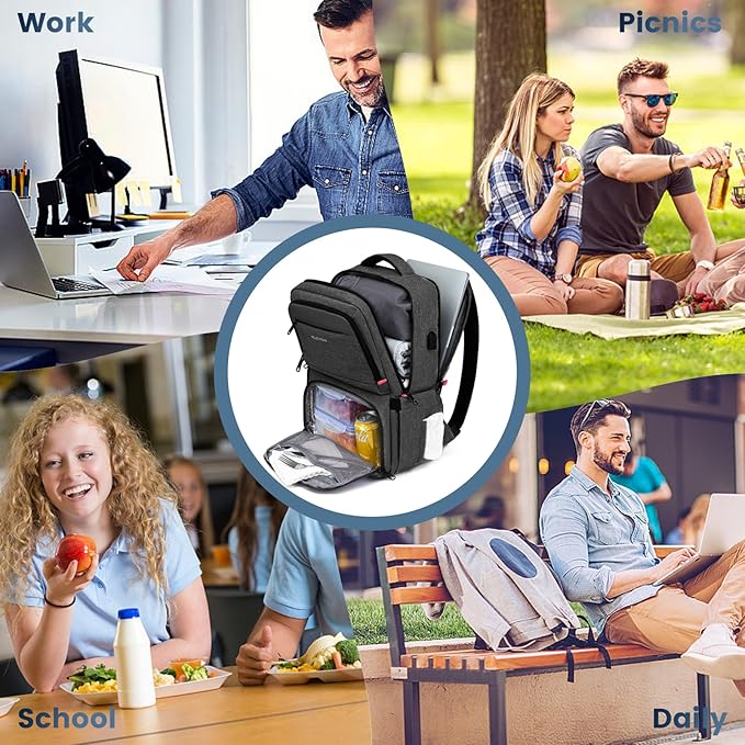 RUCYEN Lunch Backpack, 17.3 Inch Large Lunch Backpack Insulated Cooler Bag Travel Laptop Backpack with USB Port for Men Women, RFID Blocking for Work Picnics Black