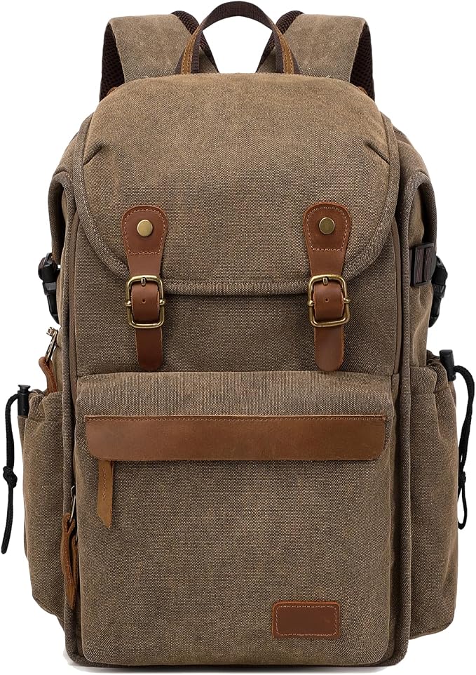 Vintage Canvas Camera Backpack (Coffee Brown) for DSLR/Mirrorless & Drone, Waterproof Photography Bag with 16" Laptop Compartment, Large Capacity Travel Camera Bag for Photographers
