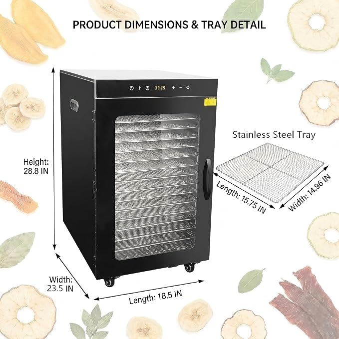 CLIVIA Commercial Food Dehydrator 16 Trays, 1600W Large Capacity 26.18 ft² Industrial Dehydrator with Wheels, Stainless Steel Dryer for Jerky, Meat, Fruit, Herbs, 86-194°F Temp Control & 24H Timer