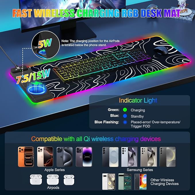 RGB Mouse Pad with Foldable Phone Stand & Wireless Charger, 31.5"x11.8" XL Gaming Mousepad Large Desk Mat, Desk Pad with Dual Charging for Phone & AirPods | 11 Colors & 5 Modes | Waterproof