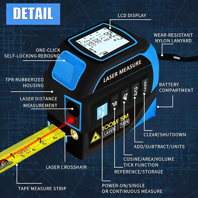 4-in-1 Laser Tape Measure 328FT, Digital Laser Distance Meter,16FT Steel Tape, Dual-Axis Electronic Angle & Crosshair Level, Area/Volume/Pythagorean, LCD Rechargeable Measuring Tool (Blue)