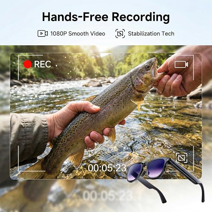 AI Smart Glasses with Camera, 8MP HD Bluetooth Camera Glasses, 1080P Video Recording Sunglasses for Women Men, Real Time Translation, Voice Assistant, Open Earbuds for Travel, Work Vlog (3 lenses)