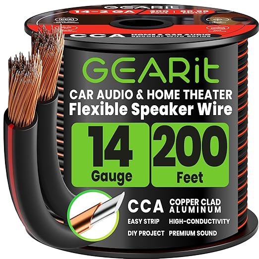 GEARit Speaker Wire 14 Gauge 200ft,Speaker Cable with Foot Markers & Polarity Markings,14 Gauge Wire for Car Audio & Home Theater Speakers,Audio Cable for DIY Installations,CCA(Black)