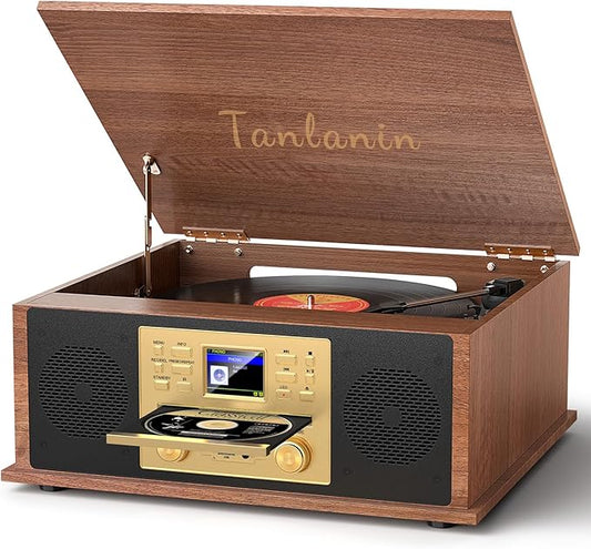 10-in-1 Vintage Record Player Multimedia Center with Built-in Stereo Speakers, CD Player, All in One 3-Speed Vinyl Turntable, Internet Radio, Clock, USB Recording, RCA Out,Walnut