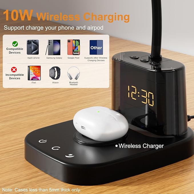 Desk Lamp, Bedside Table Lamps with Wireless Charger and Clock, 30Mins Auto-Off Night Light Lamp, 3 Color Modes Dimmable Touch 800LM CRI 95, LED Desk Lamps for Home Office, Adapter Included