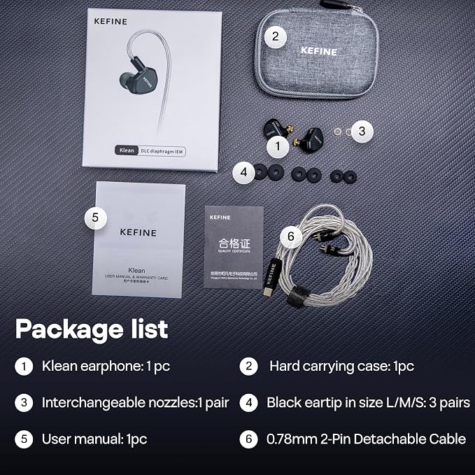 Linsoul Kefine Klean in Ear Monitor,10mm DLC Diaphragm Dynamic Driver HiFi Earphones,Wired Gaming Earbuds,Replaceable Nozzles,Detachable Silver-Plated Cable for Audiophile (with Mic Type-C, Black)