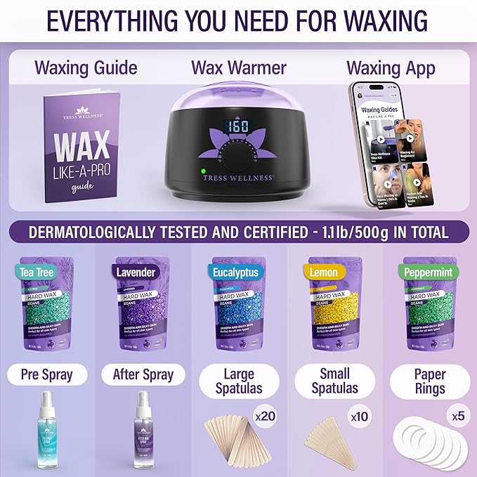 Tress Wellness Award Winning Waxing Kit for Sensitive Skin, Safe for Face & Skin, Easy to Use, At-Home Kit for Face, Bikini, Brazilian & Full Body - Digital Display, Black Purple Flower