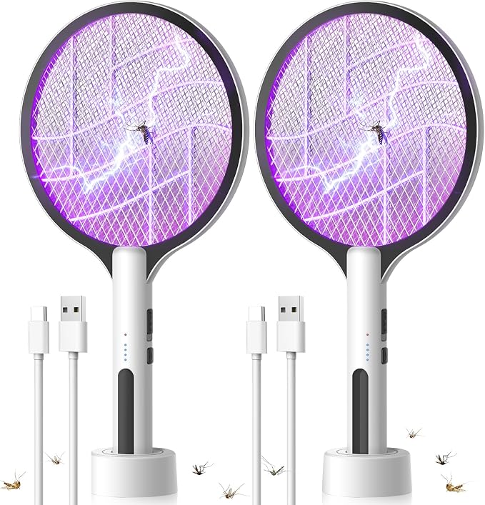 2PACK Electric Fly Swatter 4500V Bug Zapper Racket, 2 in 1 Handheld Fly Zapper & Purple Mosquito Killer Rechargeable and 3-Layer Safety for Indoor Home Office Backyard Patio Camping