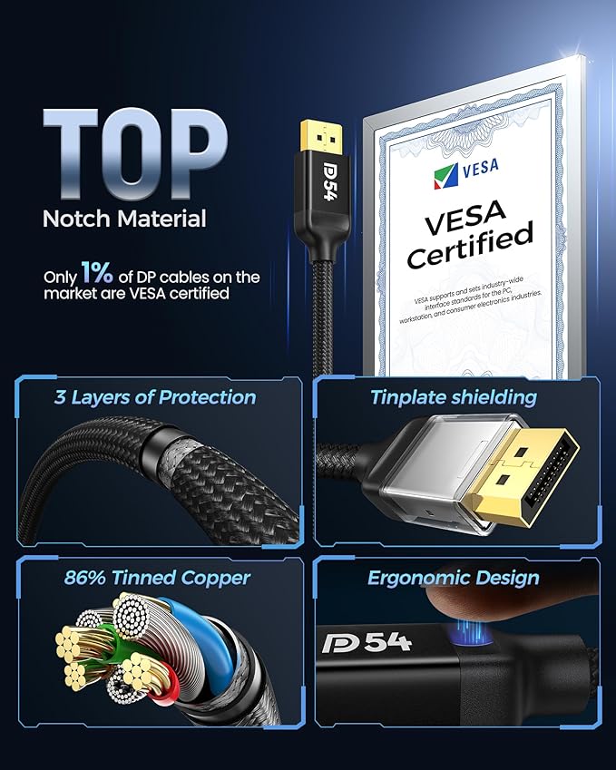 Silkland 54Gbps DisplayPort Cable 2.1 [VESA Certified], DP 2.1 Cable [16K@30Hz, 8K@120Hz, 4K@240Hz 165Hz 144Hz] HDR, HDCP DSC 1.2a, Compatible FreeSync G-Sync Gaming Monitor 5090 7900XTX, 6.6FT