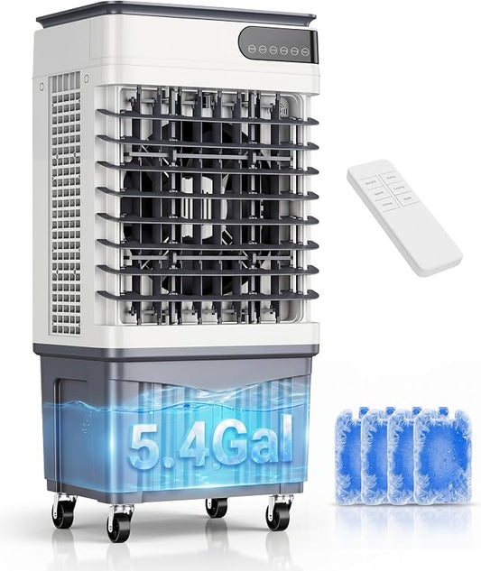Swamp Cooler Air Conditioners, 1800 CFM Large Water Tank for 24/7 Cooling, 4-IN-1 Portable Evaporative Cooler with LED Display, Remote, 3 Speeds and 12HTimer, Cooling Fan for Large Rooms, 5.4 Gal