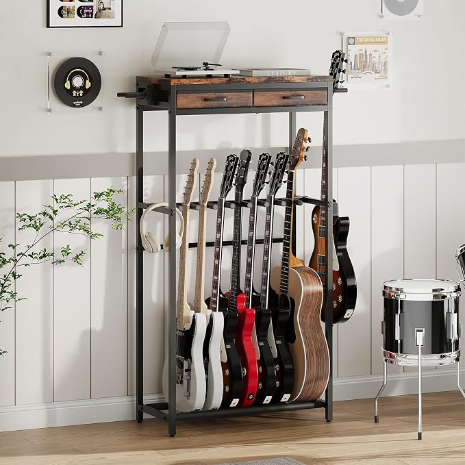 ELYKEN Guitar Stand, Guitar Rack with 2 Hangers and Storage Drawers for Guitar Accessories, Multiple Guitar Holder for Acoustic Electric Guitar, Bass, Instrument, Music Studio, Rustic Brown