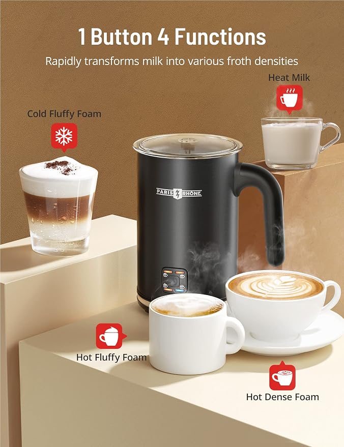 PARIS RHÔNE Milk Frother - 4-in-1 Electric Milk Frother and Steamer for Coffee, Hot/Cold Foam, 10.1oz/300ml Capacity, Non-Stick Interior Milk Warmer for Latte, Cappuccino, Macchiato (Black)
