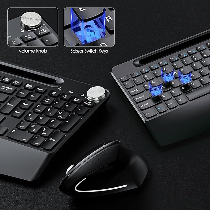 Full-Size Ergonomic Keyboard and Mouse, 2.4GHz Wireless Keyboard and vertical Mouse with Tablet Phone Holder, Wrist Rest for Computer Mac PC Laptop Chromebook, Black