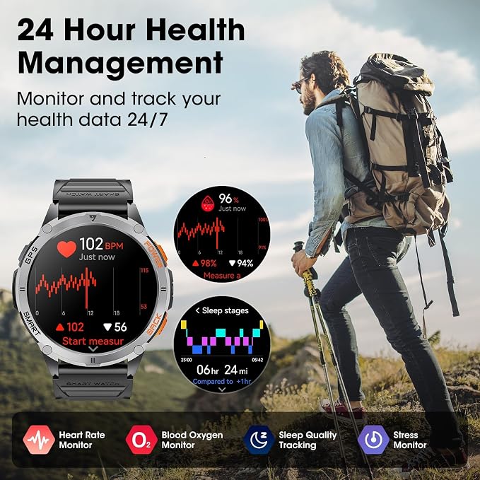 Military Smart Watches for Men with GPS, 1.43" AMOLED Bluetooth Call Smartwatch with LED Flashlight, Smart Watch for Android iOS, IP68 Waterproof Fitness Tracker with Heart Rate (Black)