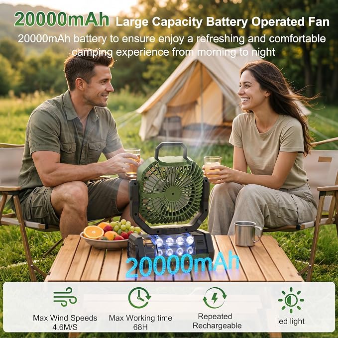 Portable Rechargeable Fan 20000mAh, Battery Powered Camping Fan with LED Light& Remote,Cordless,4 Speeds Wind,Timer for Tent,Travel,Rv Camping Essentials (Green)