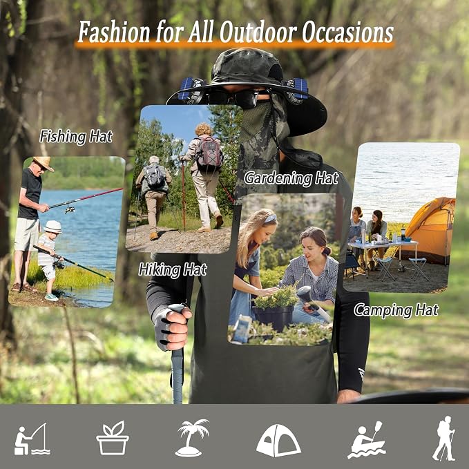Wide Brim Solar Fan Hat for Men Women, 2026 3-in-1 Detachable Solar Powered Fan Hat, with Removable Neck Cap and Face Mask