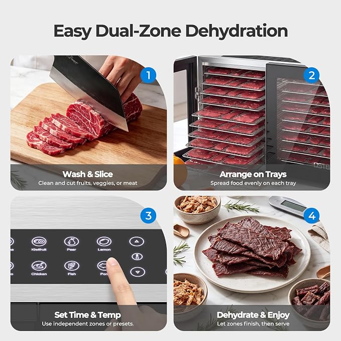 OSTBA Dual Zone Food Dehydrator, 20 Stainless Steel Trays, 1300W Dual Layer Food Dryer, 180℉ Adjustable Temp, 48H Digital Timer, 10 Presets for Jerky, Meat, Fruit, Herbs, Home & Commercial Use