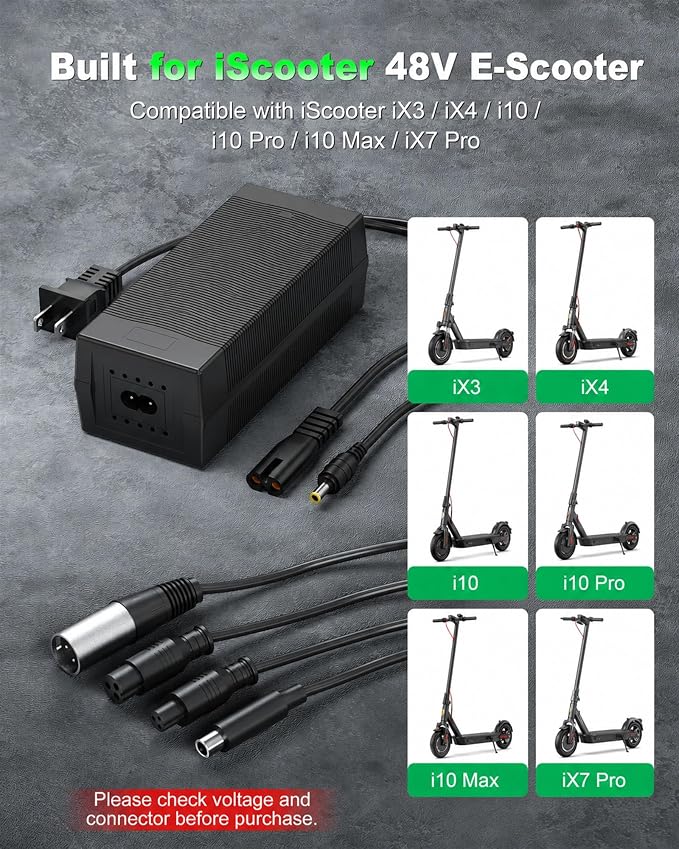 VHBW 54.6V 2A Electric Scooter Charger for iScooter, 5 Adapter Tips | Fits iScooter iX3, iX4, i10, i10 Pro, i10 Max and iX7 Pro models