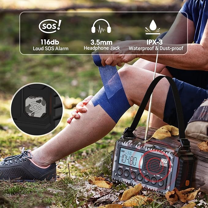 NOAA Emergency Weather Radio Camouflage 5-Way Powered 12000mAh, Crank Radio Flashlight Cell Phone Charger Am Fm Radio Portable