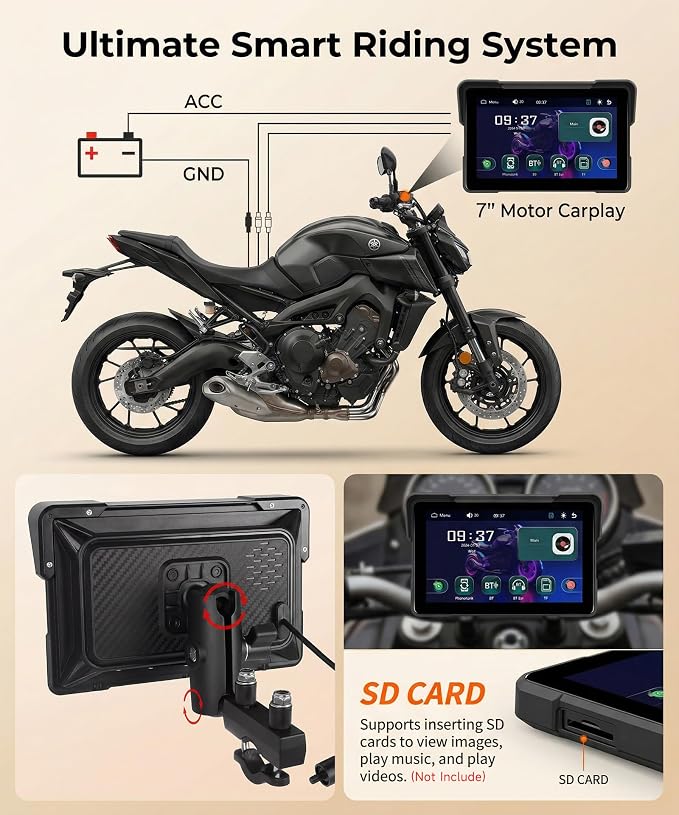 7" Motorcycle Wireless CarPlay GPS Navigation System, Android Auto Portable CarPlay Screen for Motorcycle, Dual Bluetooth Car Play Moto, Si-ri, Goo-gle Assistant, EQ, IP67 Waterproof Moto Screen