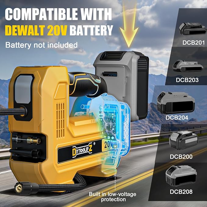 DIYtoolifz 160PSI Cordless Tire Inflator Compatible with Dewalt 20V Air Compressor, Portable Air Pump Automatic Shut Off, LED Light, Digital Pressure Gauge for Cars Motorcycles Bike Ball (Tool Only)