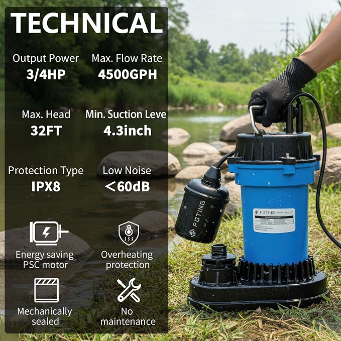 FOTING 3/4HP Submersible Sump Pump,4500 GPH Cast Iron Sewage/Effluent Pump,Automatic Tethered Float Switch,Septic Pump for Basement,Septic Tank,Basin,Sewage Well,1-1/2" NPT Discharge, Blue