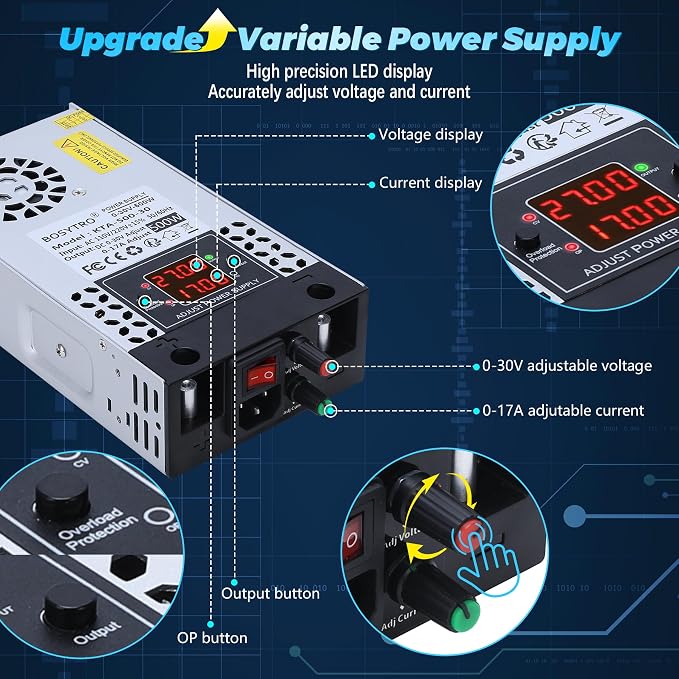 Upgraded AC to DC Converter 5V 12V 24V 30V DC Power Supply Adjustable 0-30V 0-17A 500W Switching Power Supply for Led Strip, Motor Pump, CCTV, 3D Printer, Lab Computer