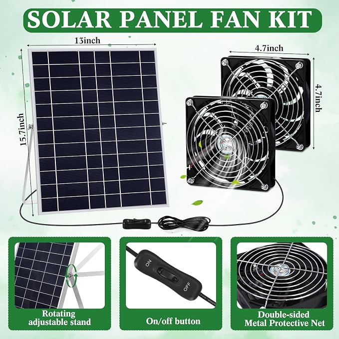 Glooglitter 20w Solar Powered Fan Kit for Chicken Coop IP67 Waterproof Dual Solar Greenhouse Fan 3500 RPM High Speed Exhaust Fan with 10ft Cable for Shed Pet House Window Outside Inside(1 Set)