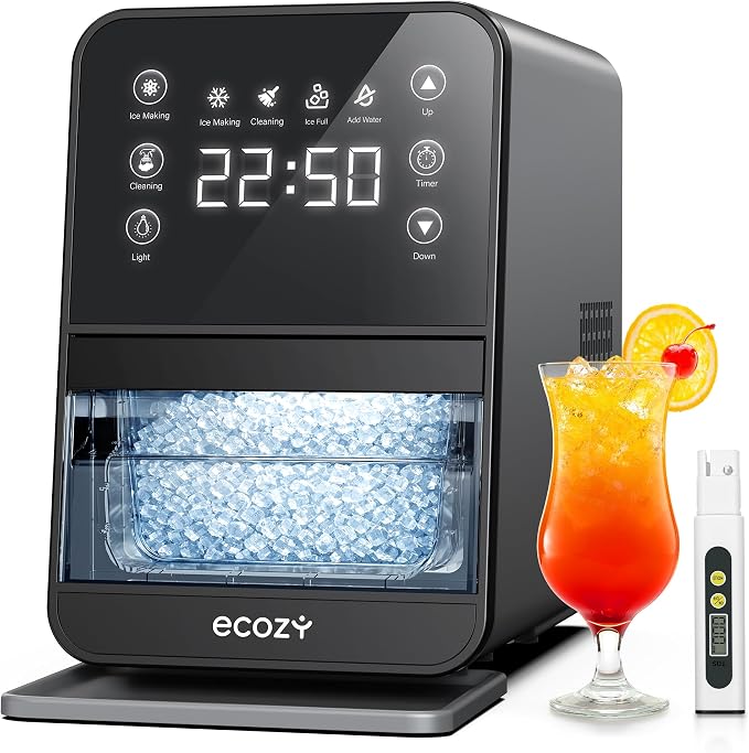 ecozy Nugget Ice Maker Countertop, 40Lbs/24H Chewable Pebble Ice, One-Touch Timer Control, Self-Cleaning Sonic Ice Machine with TDS Water Tester, Pull-Out Ice Basket, Compact for Home Kitchen Office