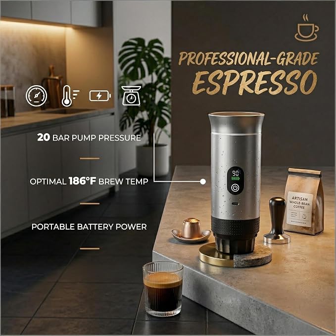 Portable Coffee Maker, Self-Heating Rechargeable Coffee Maker, 20-Bar On The Go Espresso Maker for Car & Camping, 3-in-1 Mini Electric Travel Machine for Ground Coffee & NS Capsules (white)