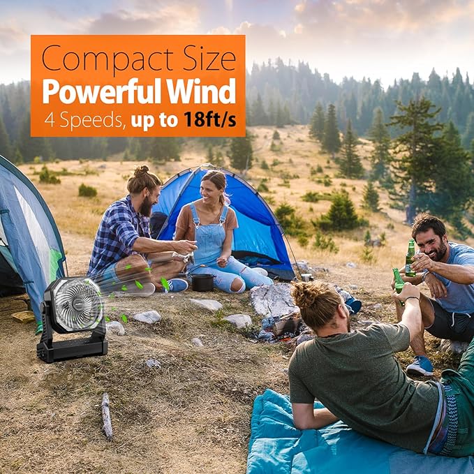 20000mAh Battery Powered Camping Fan, 58Hrs Rechargeable Portable Fan, 400LM Light, 360° Hook, Whisper Quiet Battery Operated Fan for Outdoor Car Travel Gear Essentials Power Outages Co-brand AMACOOL