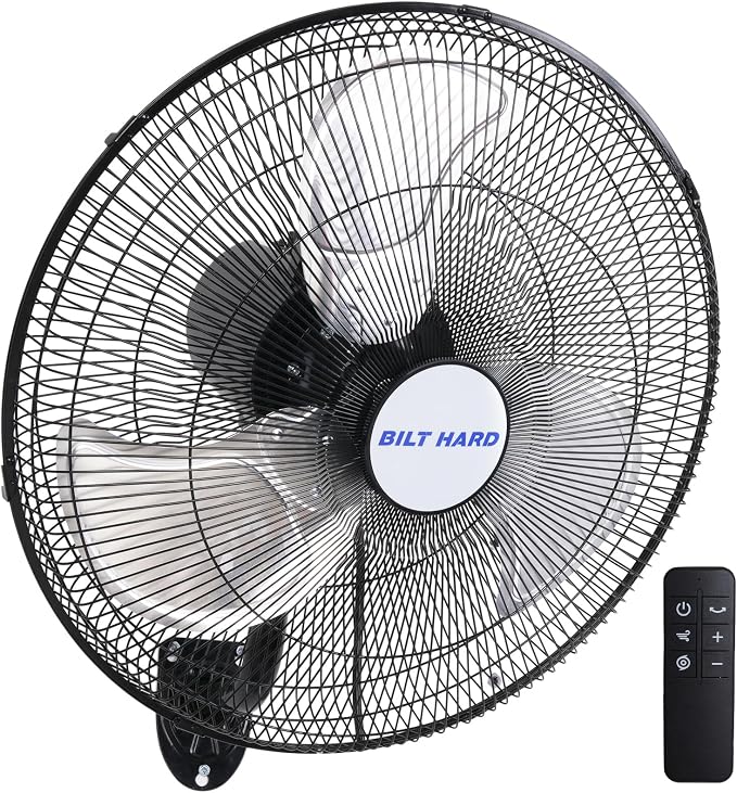 BILT HARD 20" 5200 CFM Wall Mounted Fan with Remote Control, 9-Speed Oscillating Wall Fan with DC Motor, High Velocity Whisper-Quiet Industrial Shop Fan for Garage, Warehouse