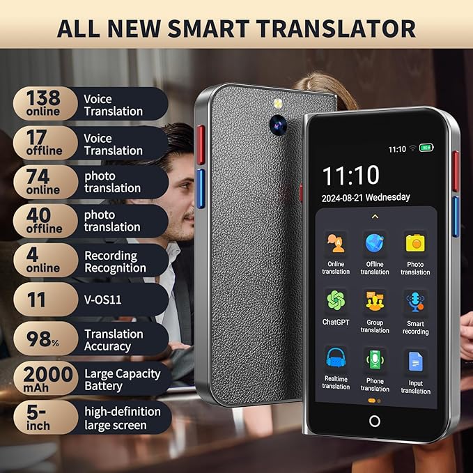 Language Translator Device No Wifi Needed, High-end Upgraded Ai Translator, Offline Real-Time Voice Spainish Translation, Support 150 Languages, Recording&Photo Premium Translation Device for Business