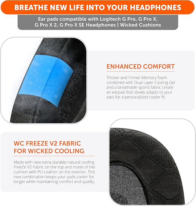 WC Freeze V2 G PRO X – Angled Cooling Gel Earpads Compatible with Logitech G Pro X Series by Wicked Cushions | Angled Pads for Extreme Comfort, New Freeze V2 Cooling Fabric, Extra Thick | Speed Racer