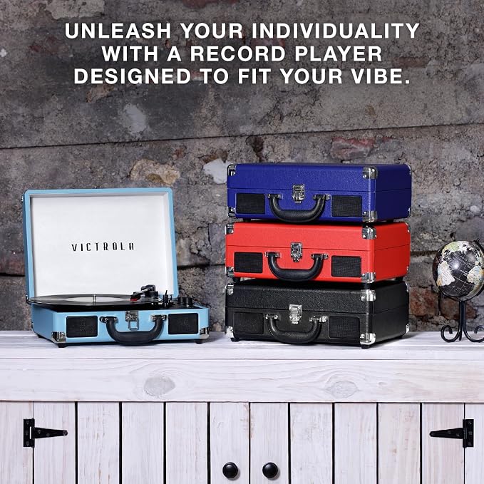 Victrola Journey Bluetooth Portable Suitcase Record Player – with Built-in Speakers, 3 Speed Vinyl Record Player, RCA Out, Headphone Jack (Smoky Blue)