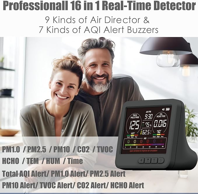 Professional 16-in-1 Portable Indoor Air Quality Monitor with AQI Reminder, Real-Time Air Detector for Home, Bedroom, Office, Car & Daily Use